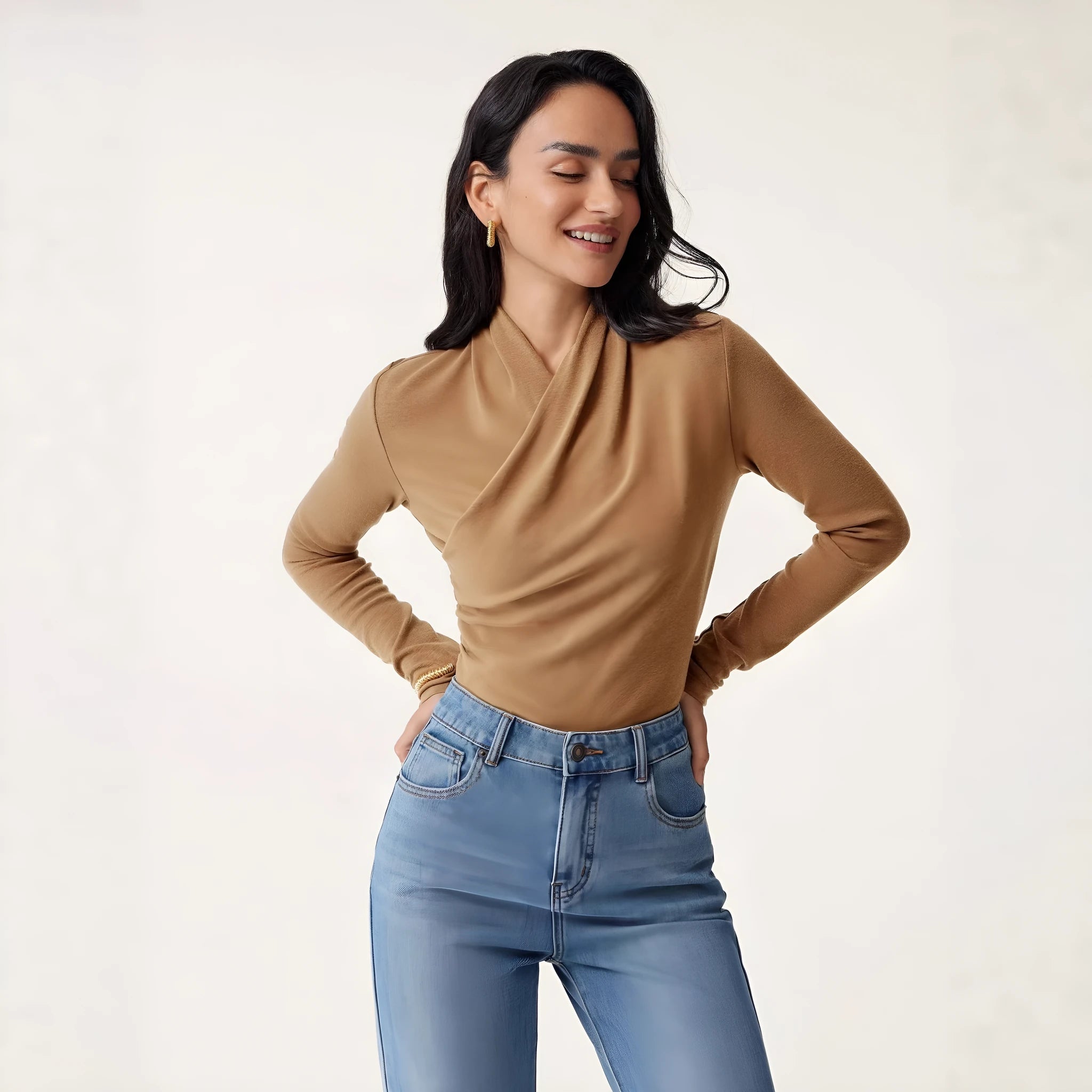 Women's camel colour slim fit pullover sweater with long sleeves