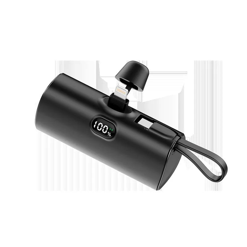 Wireless capsule power bank with digital display in five colour options showing compact dimensions