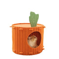 Orange carrot-shaped felt cat nest tunnel with a semi-enclosed design and drilled openings.