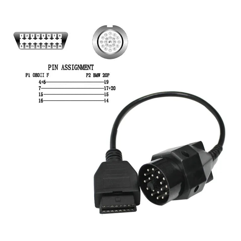 OBD2 BMW 20 pin to 16 pin diagnostic connector adapter cable isolated on white background.