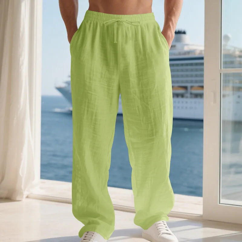 Men's linen solid colour loose fit wide leg drawstring beach trousers, straight cut, summer casual wear