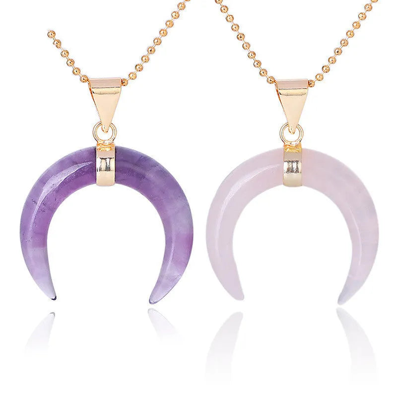 Natural stone crescent moon pendant necklace with 45cm chain and electroplated copper fittings