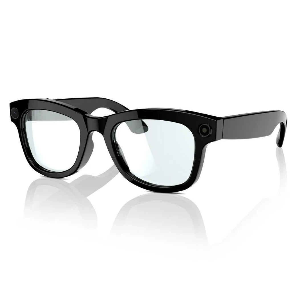 AI translation video glasses with black lens option on a table, showing camera and frame.