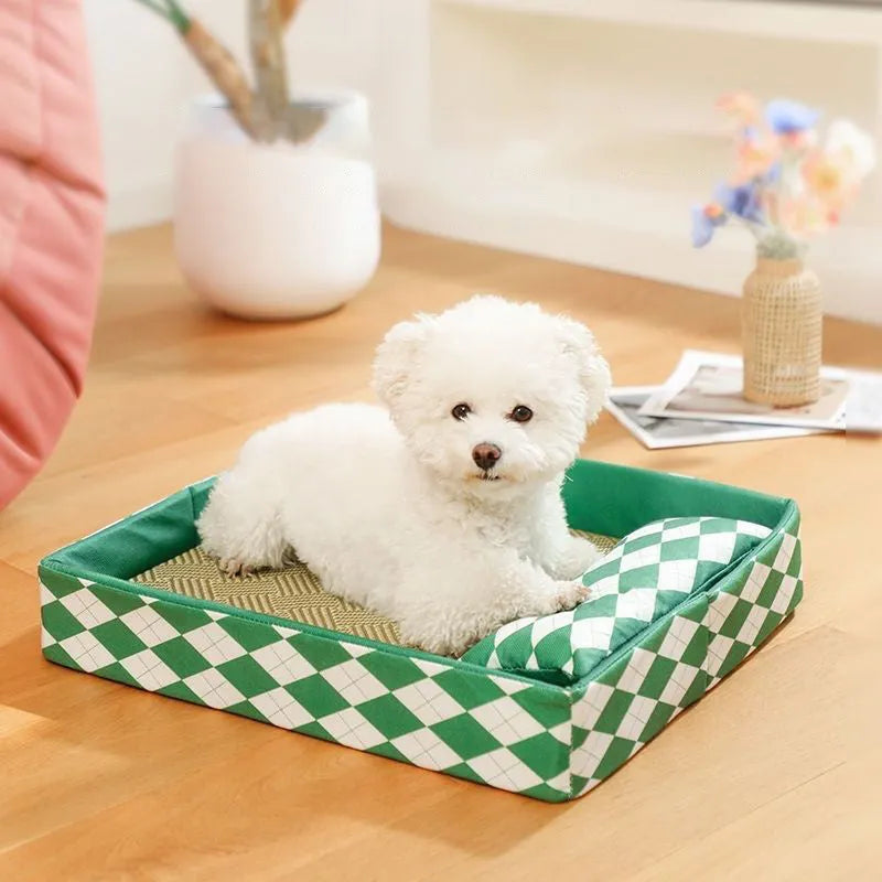 Blue woven rattan cat bed mat sitting on top of a white litter tray.