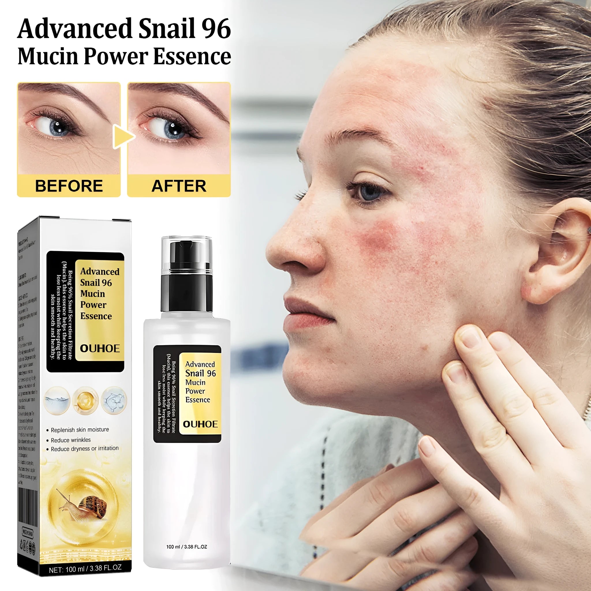 Snail serum collagen facial treatment bottle with 100ml content for hydrating and brightening skincare