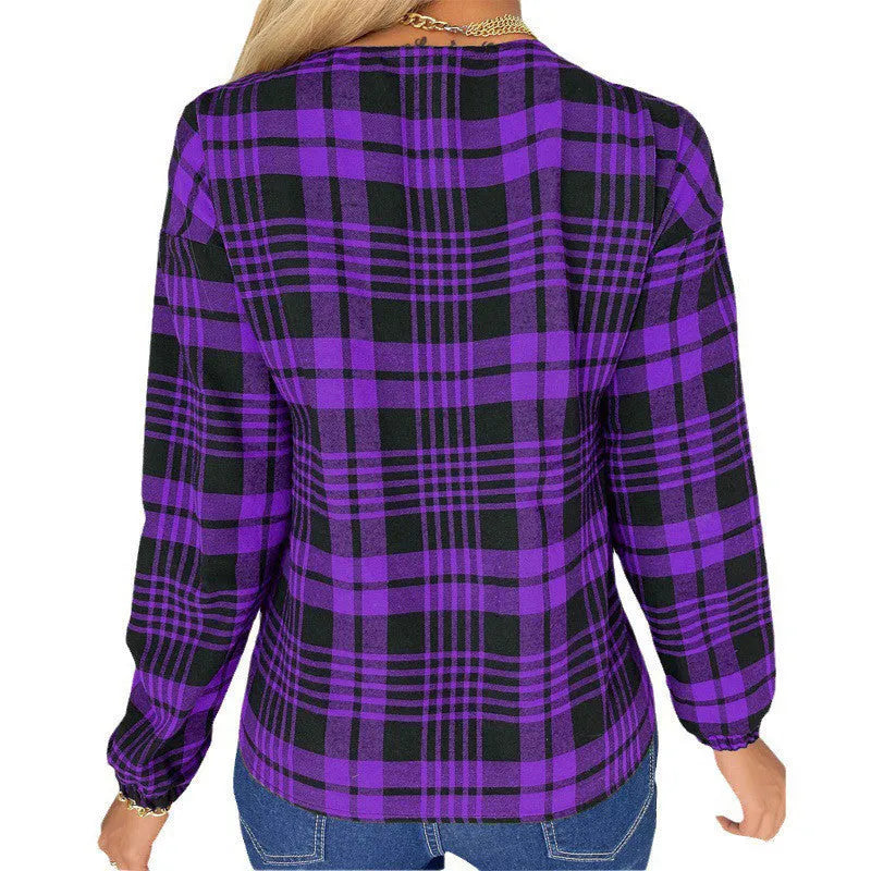 Women's purple plaid casual shirt with regular sleeves on hanger