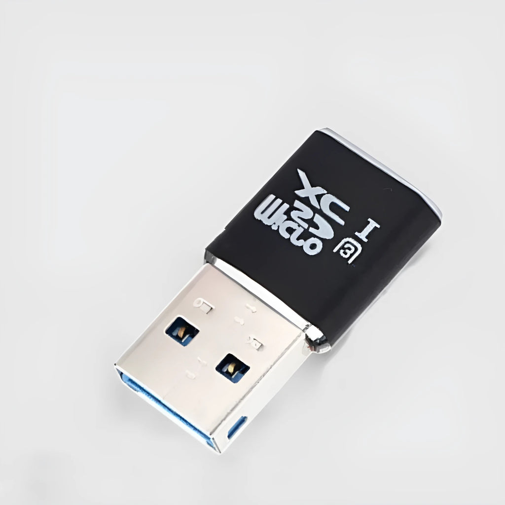 Black USB 3.0 card reader for Micro SD and T-Flash memory cards on a white background.