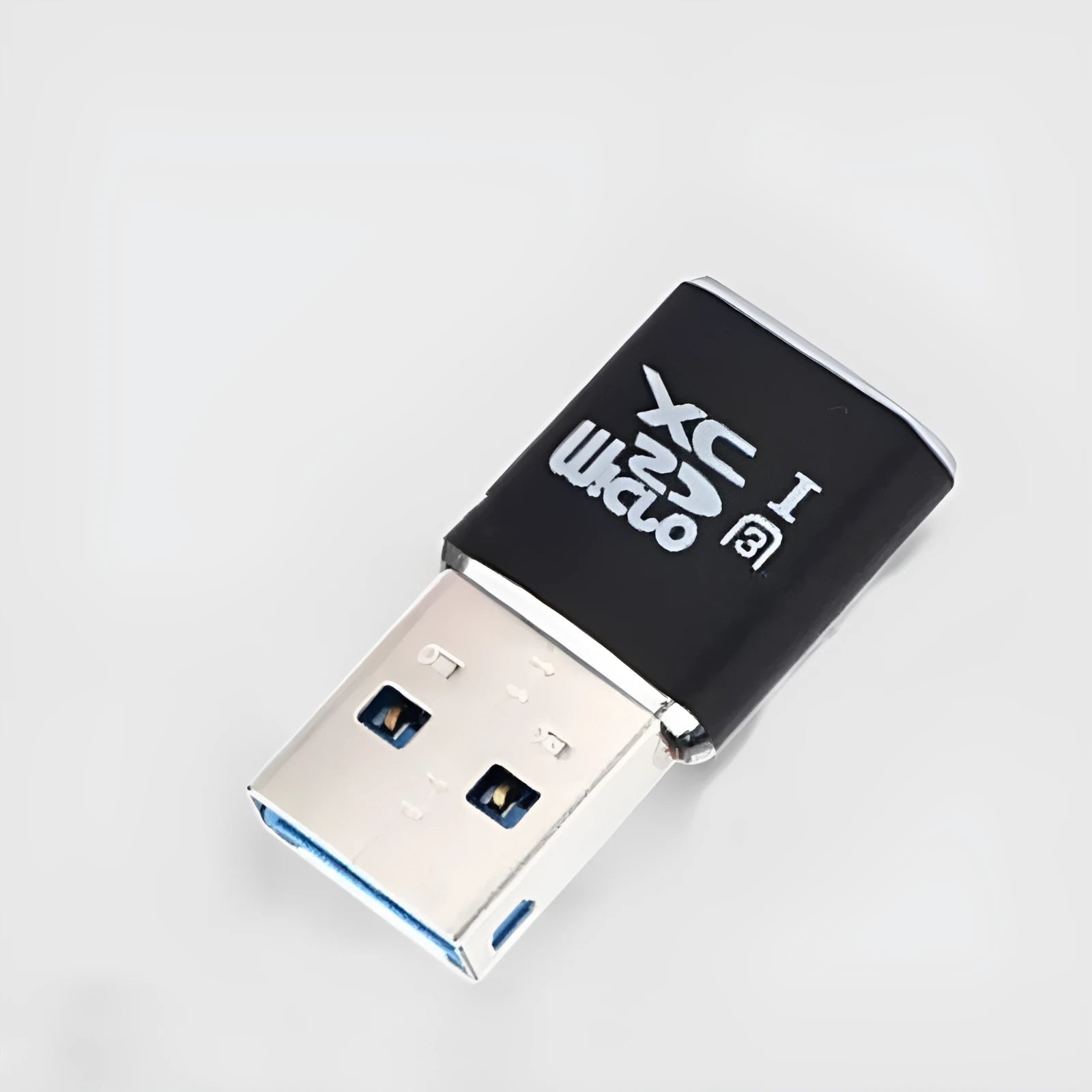 Black USB 3.0 card reader for Micro SD and T-Flash memory cards on a white background.