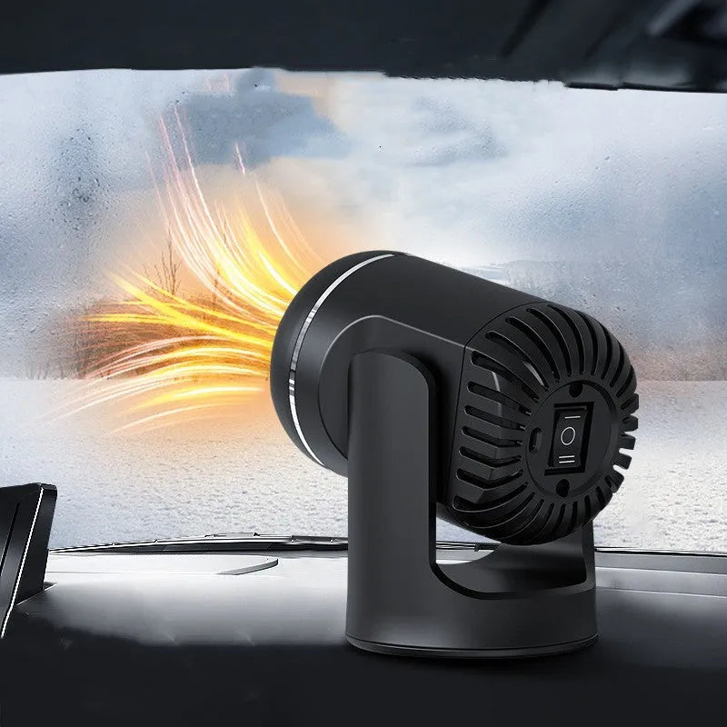 Black and white 12V portable car heater with three temperature settings for defrosting vehicle windscreens