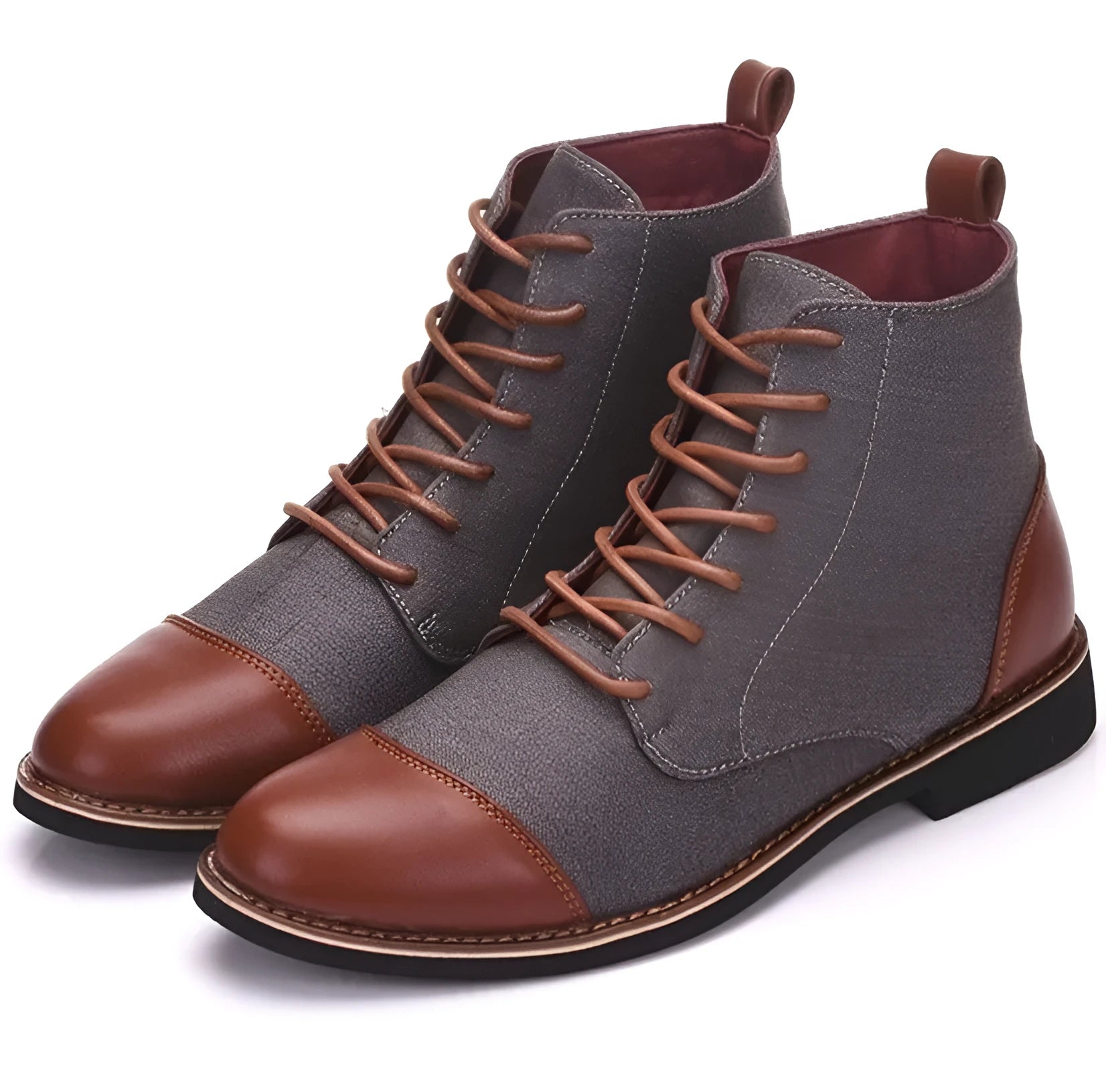 Men's leather motorcycle boots with silver belt buckle details on the side, shown with a rubber sole.