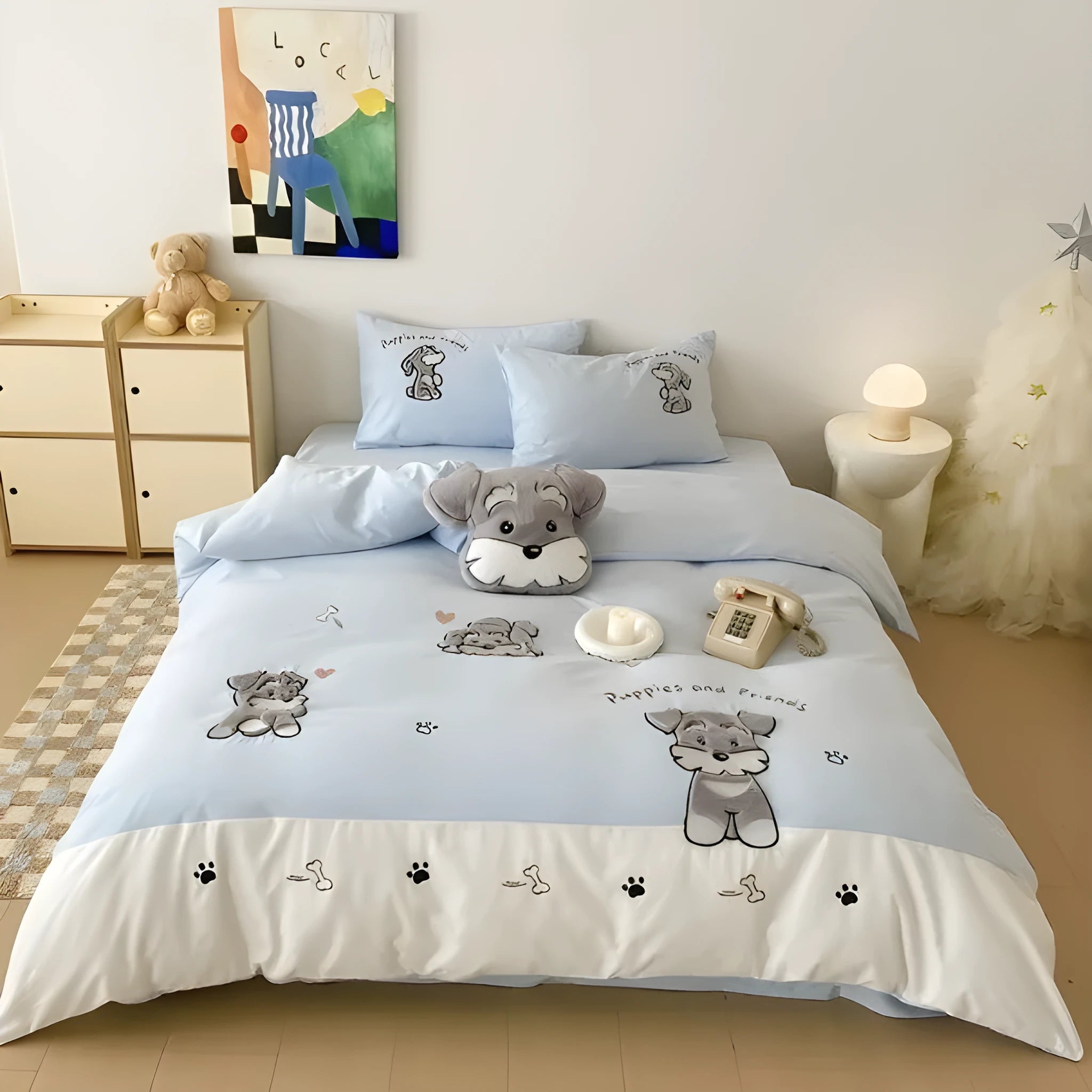 Cute Schnauzer embroidered cartoon design on thickened cotton duvet cover and pillowcases bedding set