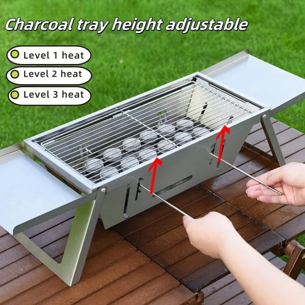 Small foldable portable charcoal grill showing compact folded design for outdoor cooking