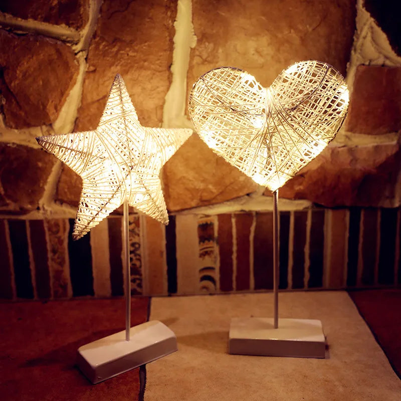 Rattan LED table lamp in heart, star or moon shape with copper wire frame