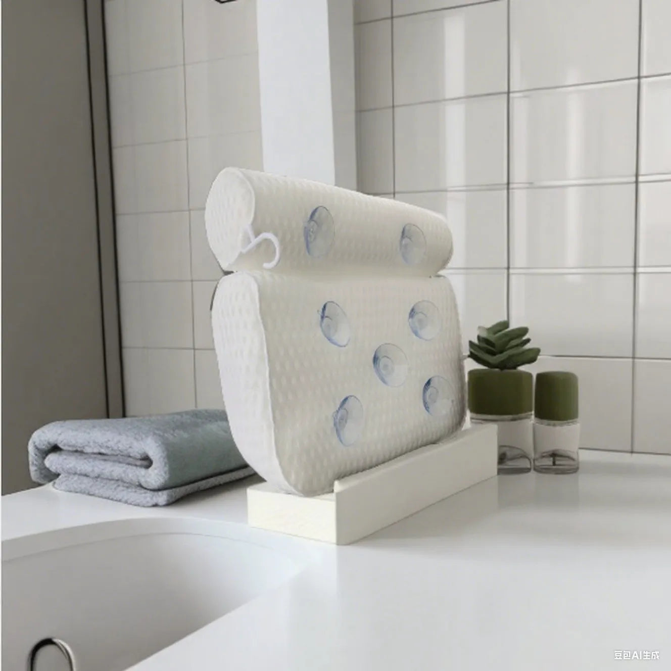White bathtub pillow with 4D mesh fabric and seven large suction cups on a flat surface.