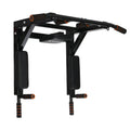 Black wall-mounted fitness rack with sandbag storage and single parallel pull-up bars