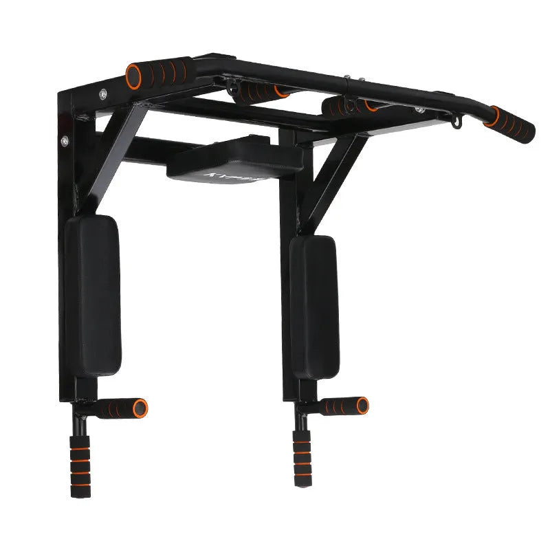 Black wall-mounted fitness rack with sandbag storage and single parallel pull-up bars