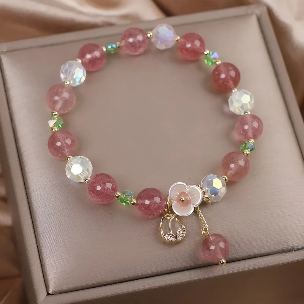 Red cat's eye flowers lucky cat double-layer crystal bracelet for women in ethnic style.