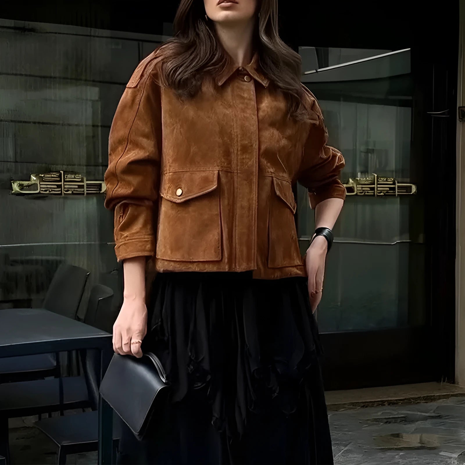 Women's bright brown suede-effect polyester coat with regular sleeves on hanger