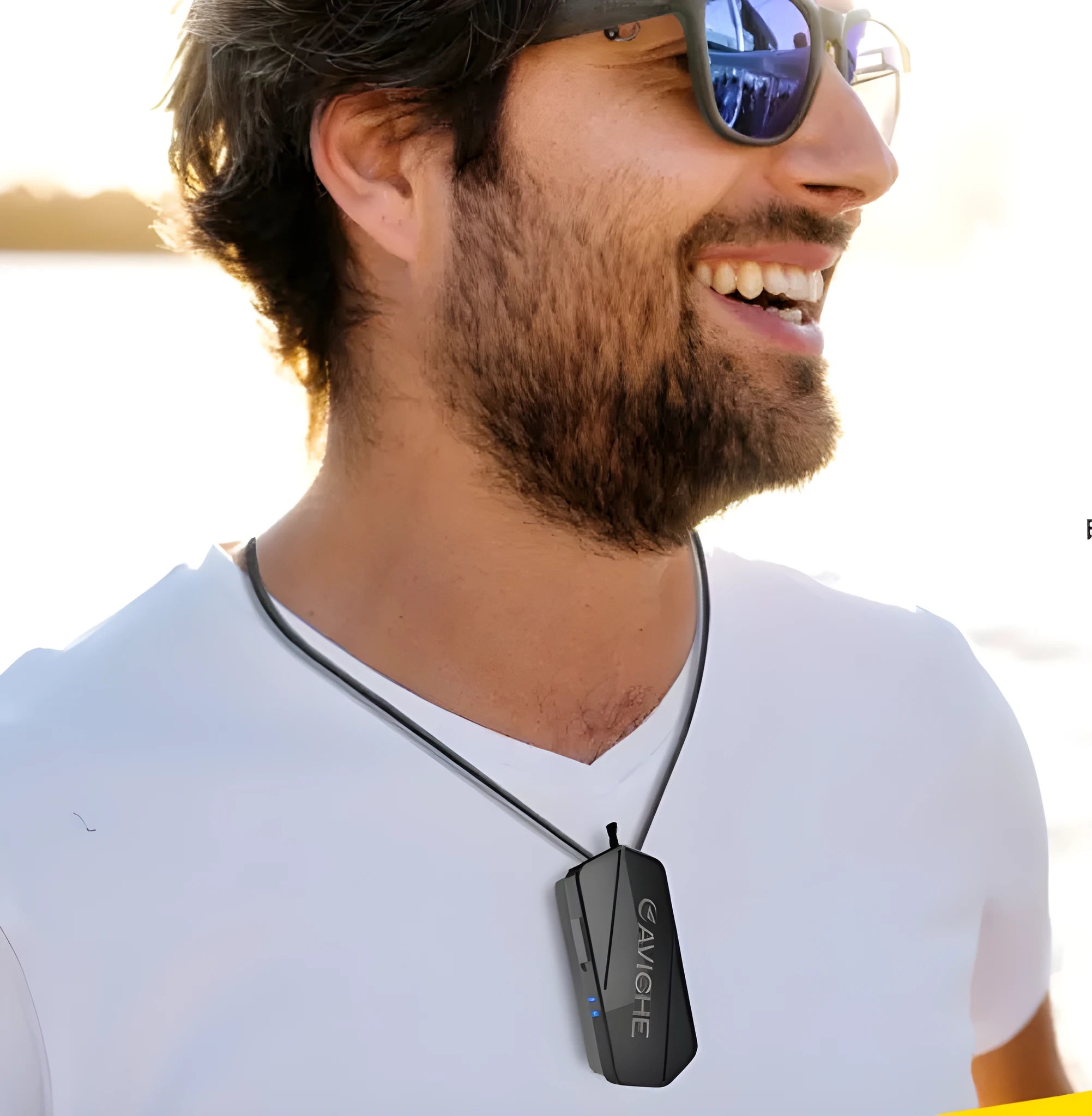 Black plastic wearable air purifier necklace showing compact dimensions