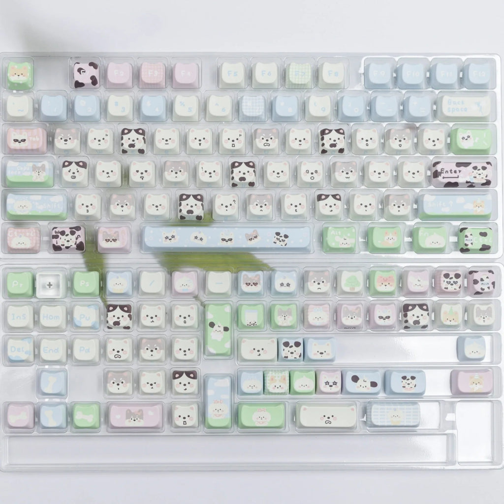 Full set of PBT sublimation keycaps with cat and puppy animal designs for mechanical keyboards