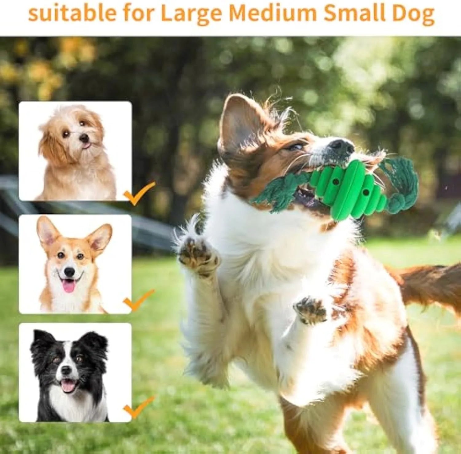 Green and yellow silicone dog ball with rope, showing split spiral design for treat dispensing