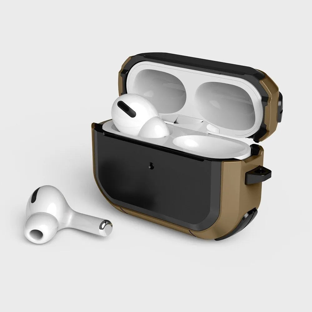 Black TPU and PC protective shell on an AirPods Pro charging case.