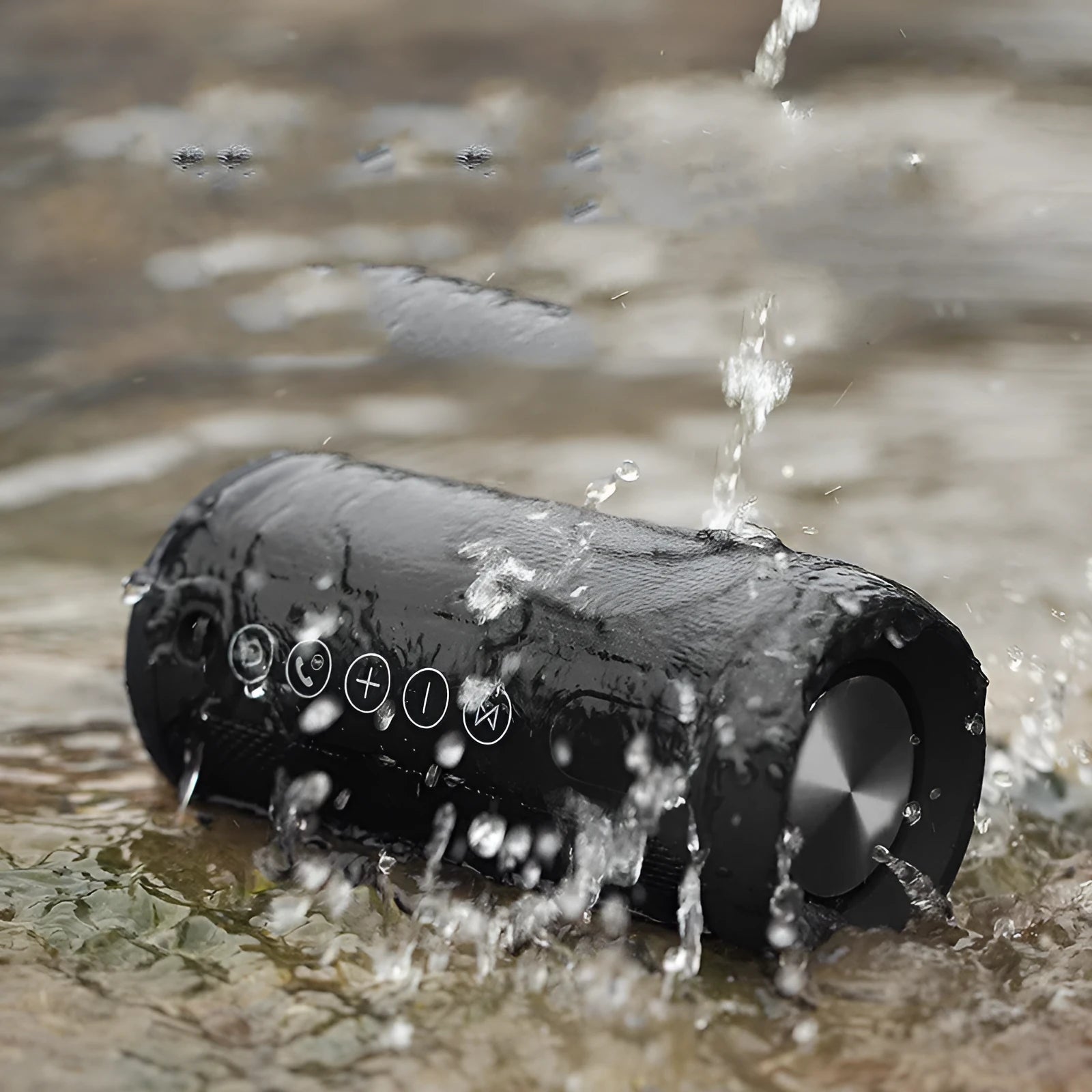 Waterproof portable outdoor speaker in black with Bluetooth, AUX, and TF card playback options