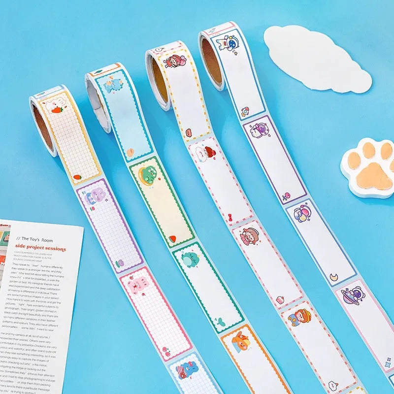 Roll of cartoon tape name stickers with dinosaur, astronaut, rabbit, or girl designs - 60 adhesive labels per roll