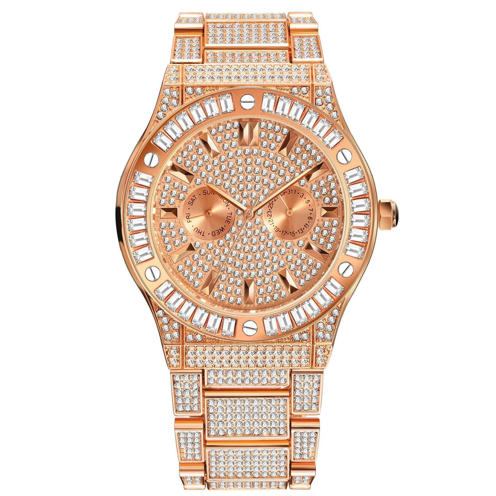 Men's hip hop style quartz watch with large 43mm diamond dial, gold plated strap, and butterfly buckle on a white background