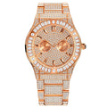 Men's hip hop style quartz watch with large 43mm diamond dial, gold plated strap, and butterfly buckle on a white background