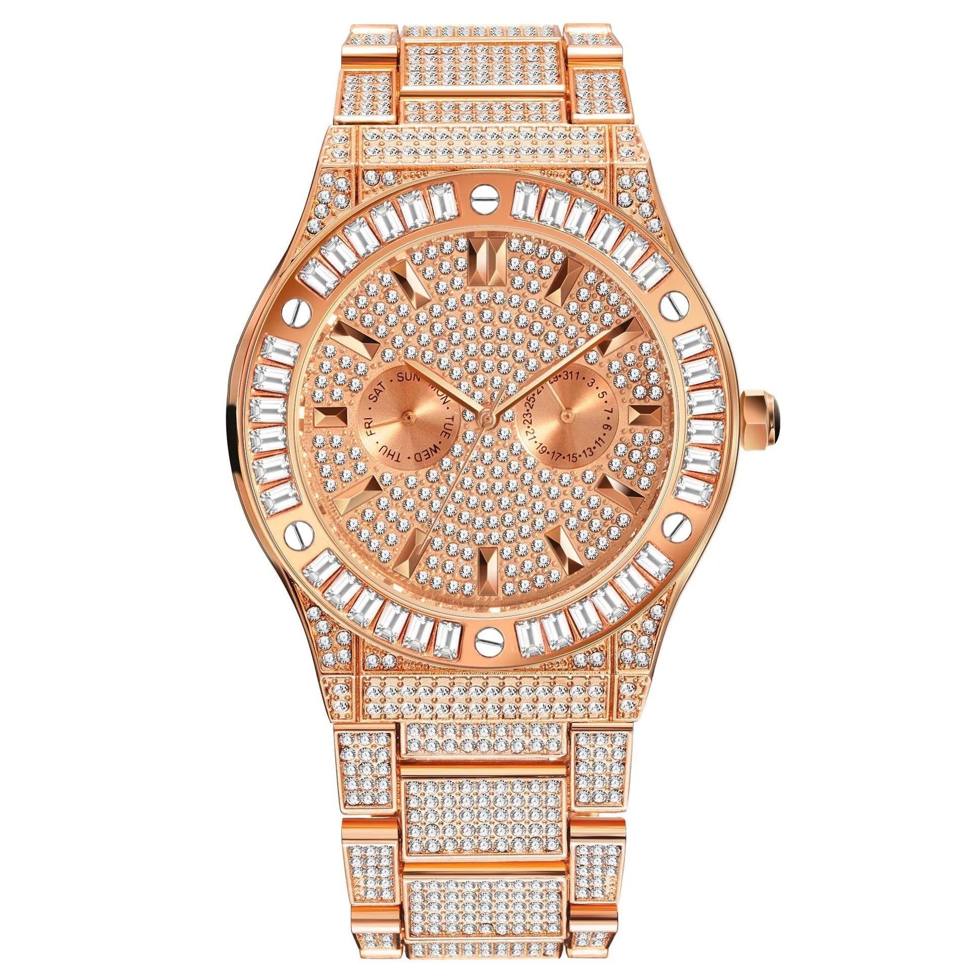 Men's hip hop style quartz watch with large 43mm diamond dial, gold plated strap, and butterfly buckle on a white background
