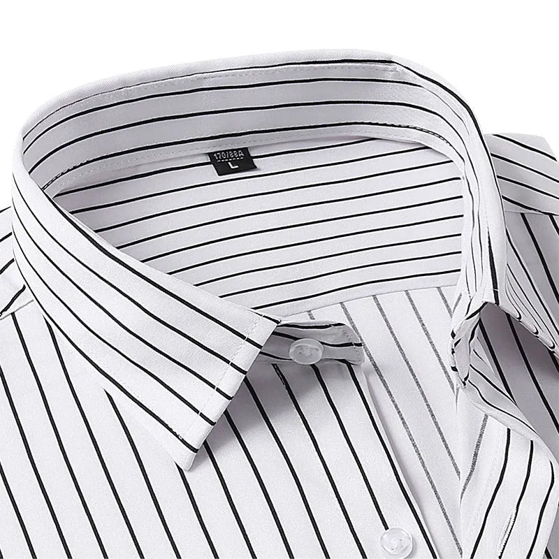 Men's slim fit striped long sleeve business shirt in ice silk polyester blend fabric