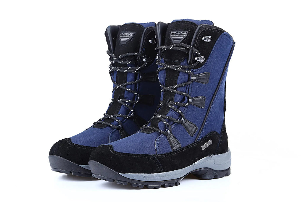 Women's mid-calf length black genuine leather thermal snow boots with a round toe and rubber sole