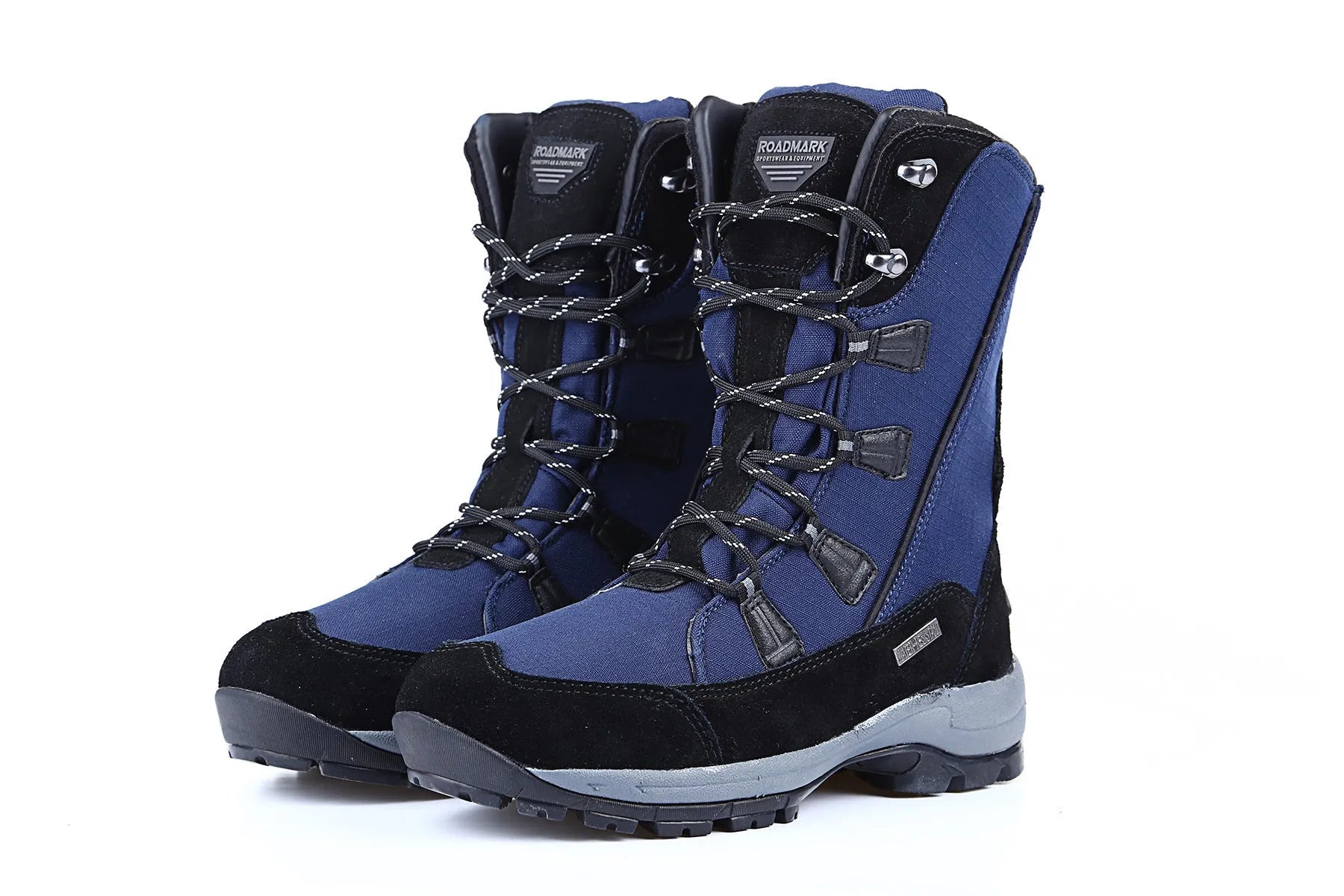 Women's mid-calf length black genuine leather thermal snow boots with a round toe and rubber sole