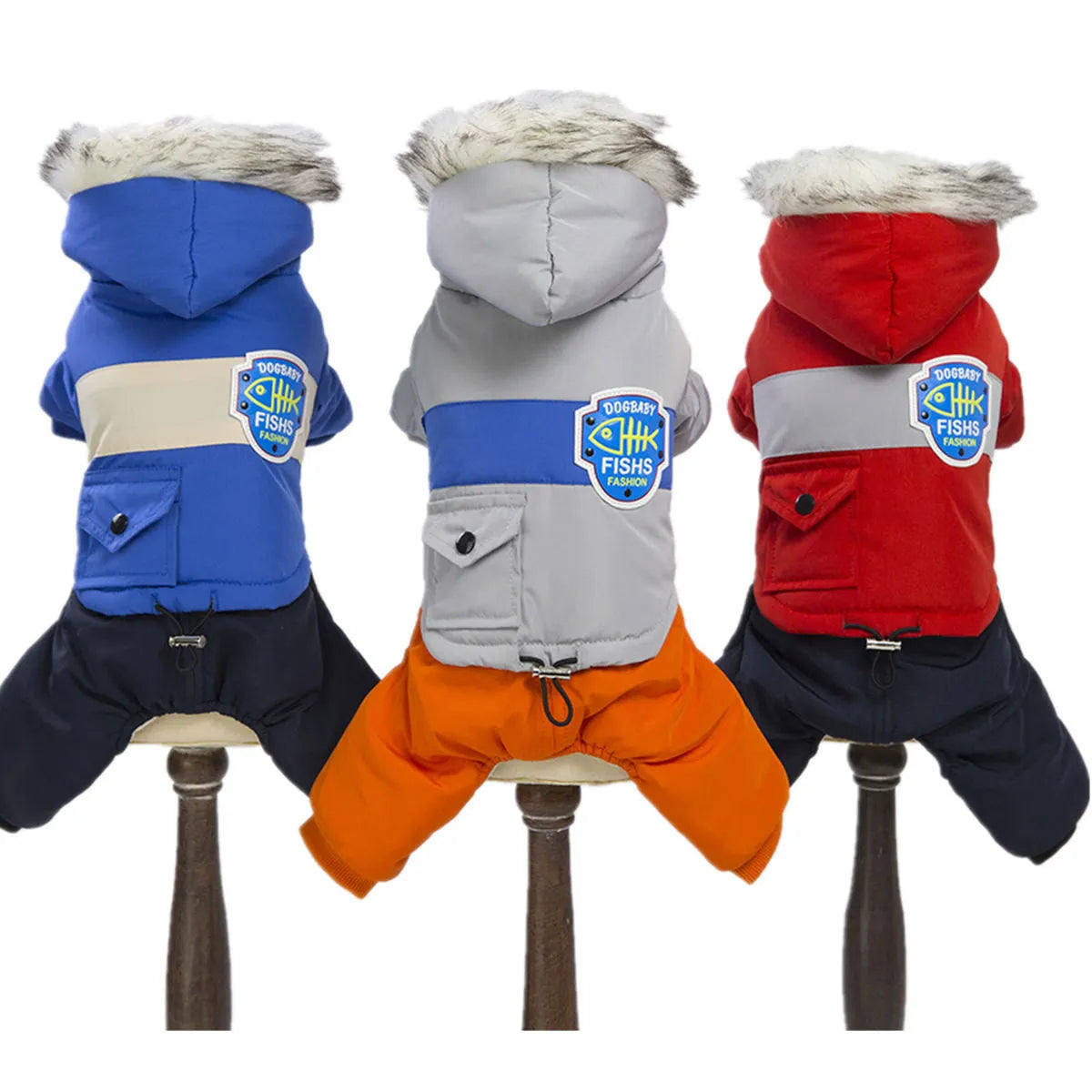 Wool dog snow coat with long back coverage in blue, grey, red colours sizes S to XXL