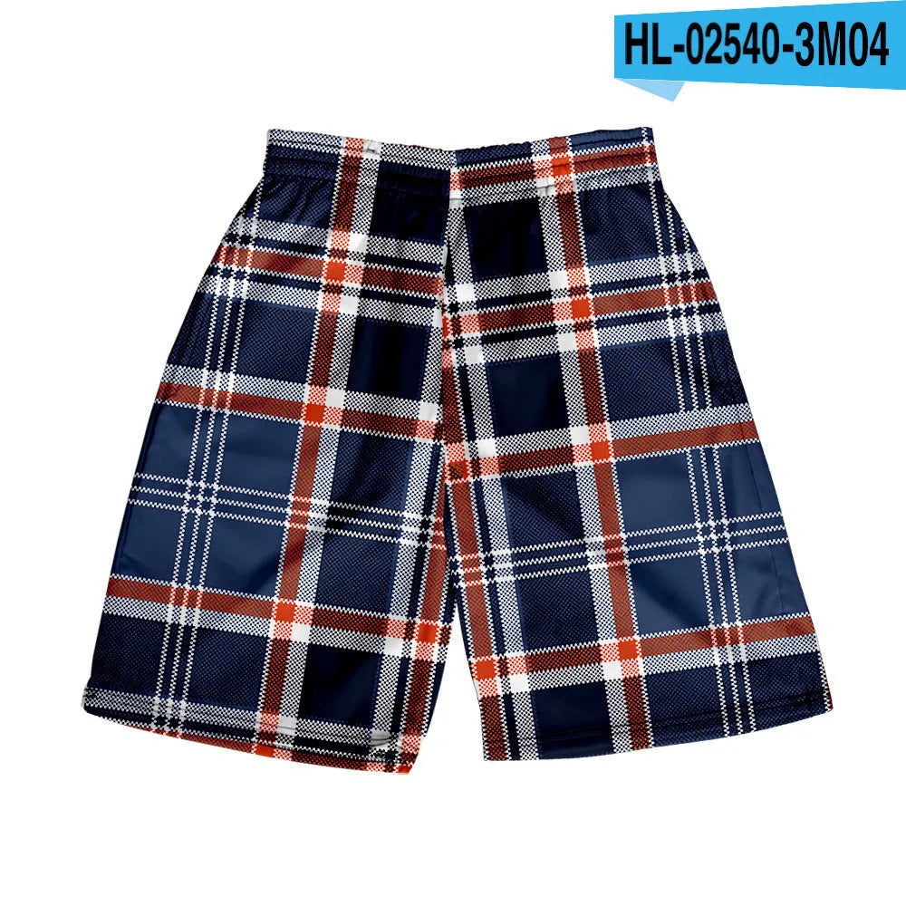 Men's blue and white plaid casual polyester shorts with an elastic waistband.