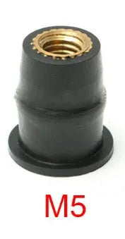 Brass motorcycle windshield nuts with black rubber expansion sleeves in three metric sizes