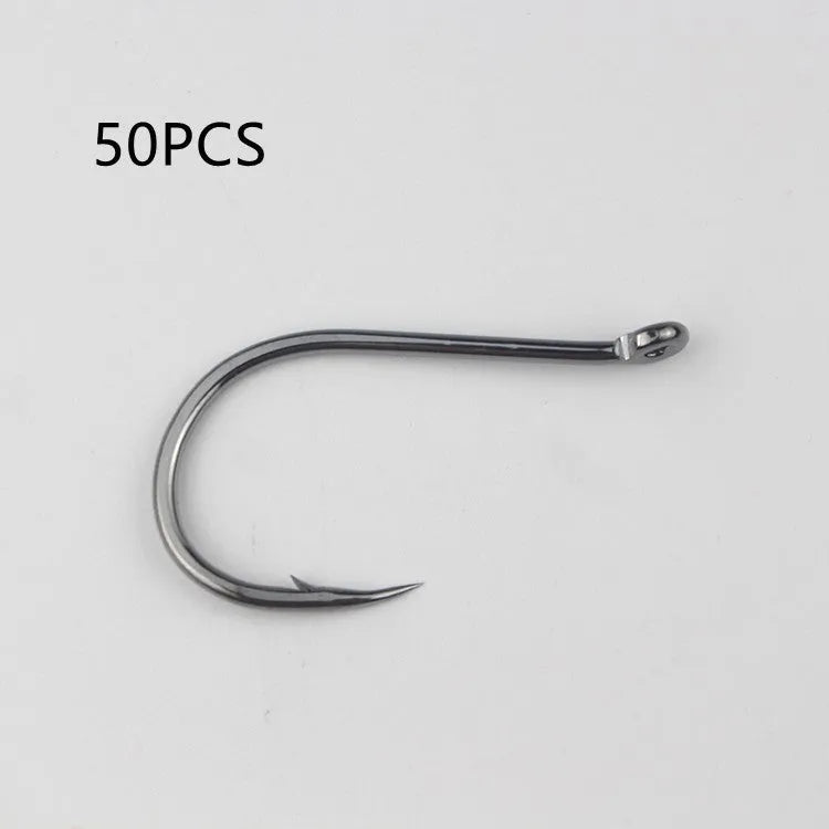 Bulk pack of barbed alloy carbon steel fishing hooks with hole rings for sea fishing