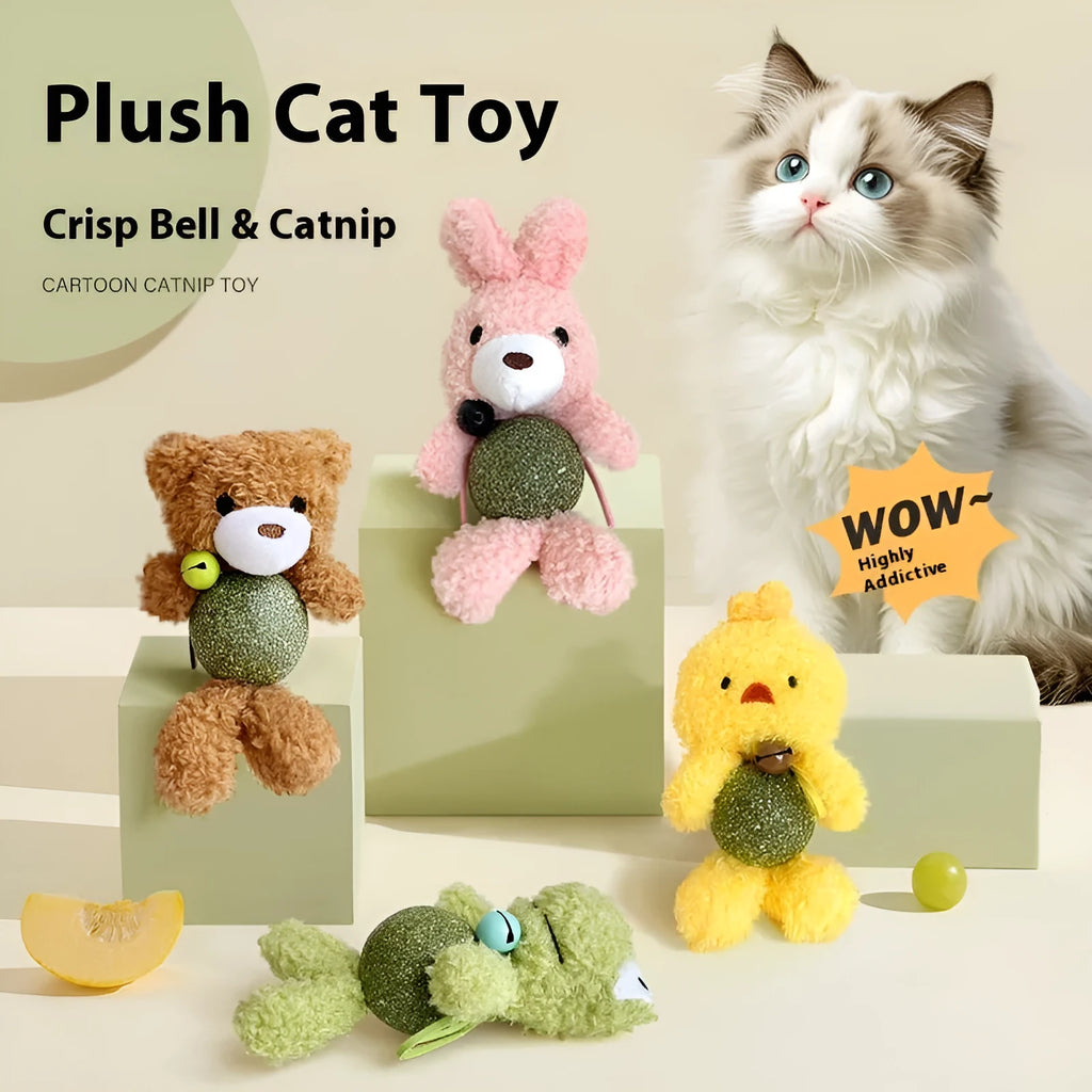 Small plush catnip toy shaped like an animal, featuring a bell, for cats to bite and play with.