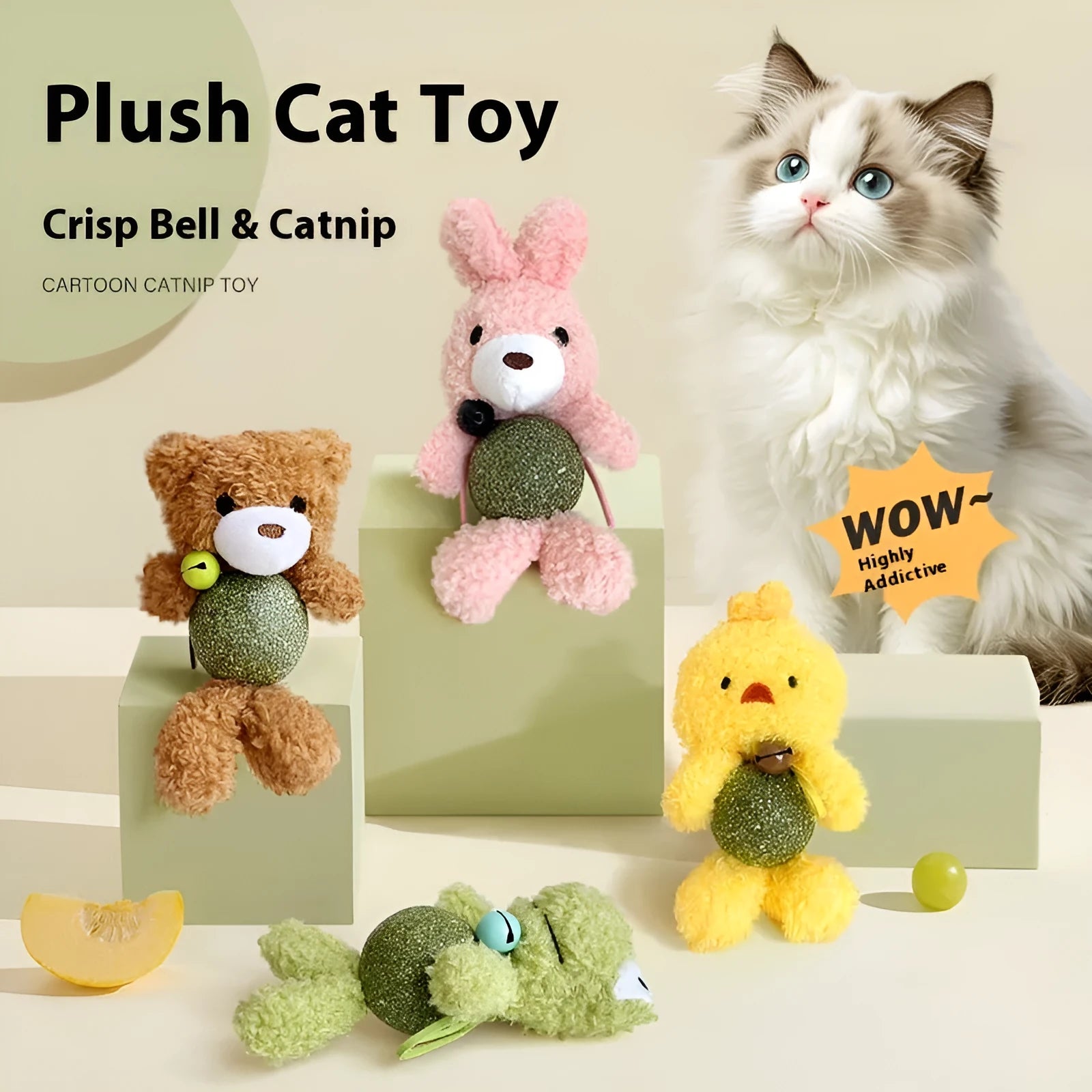 Small plush catnip toy shaped like an animal, featuring a bell, for cats to bite and play with.