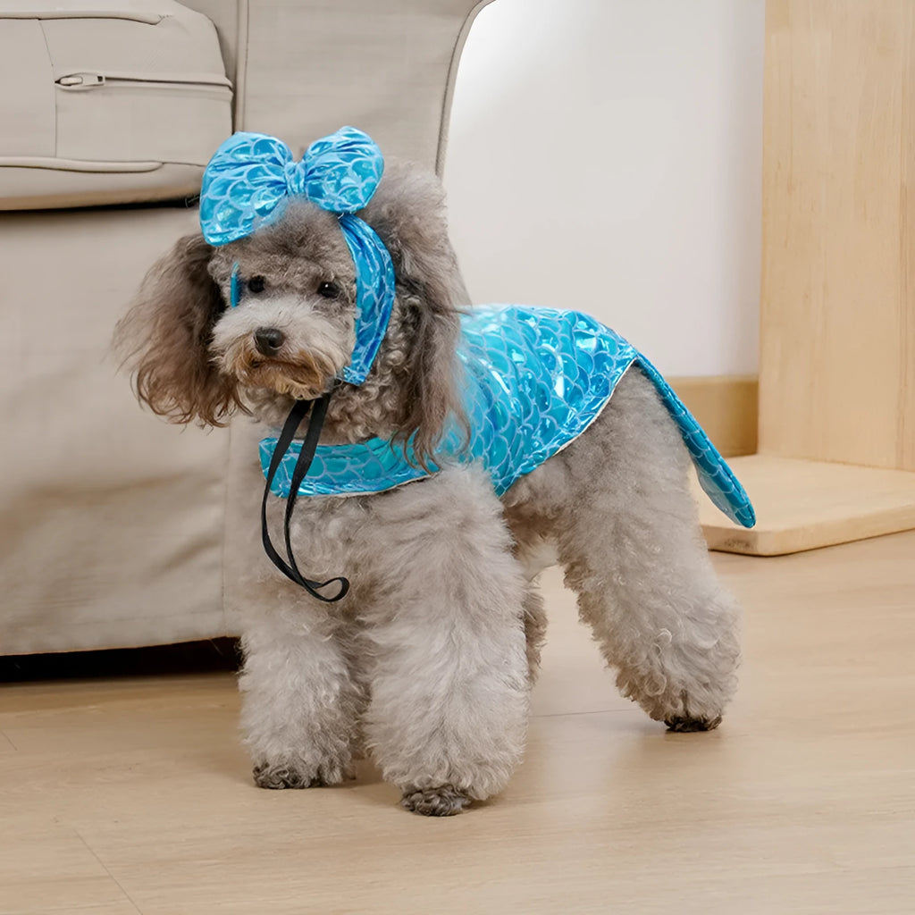 Blue polyester mermaid pet costume with headwear for small dogs and cats
