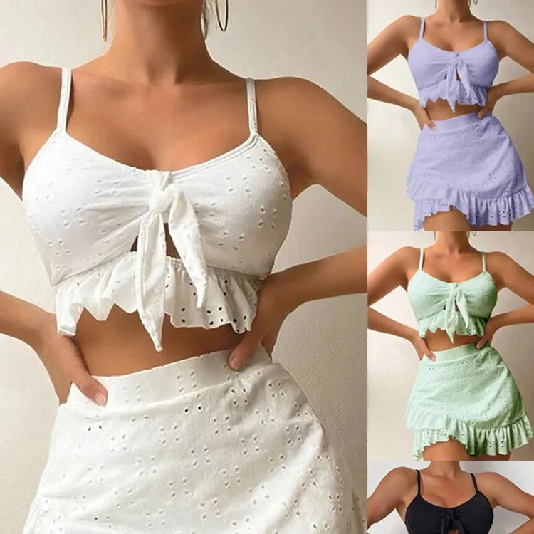 Women's three-piece bikini swimsuit with split hip skirt in solid colours