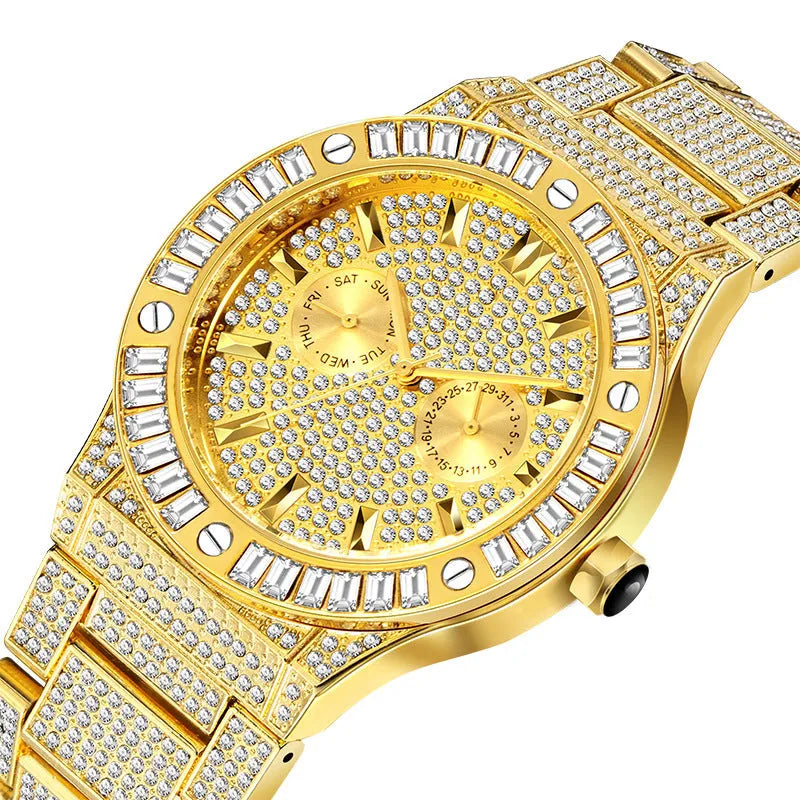 Men's hip hop style quartz watch with large 43mm diamond dial, gold plated strap, and butterfly buckle on a white background