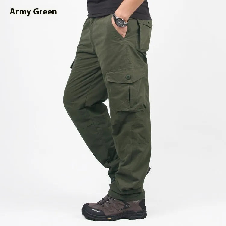 Men's thick cotton overalls with velvet wool lining in khaki colour, showing loose straight-leg fit.