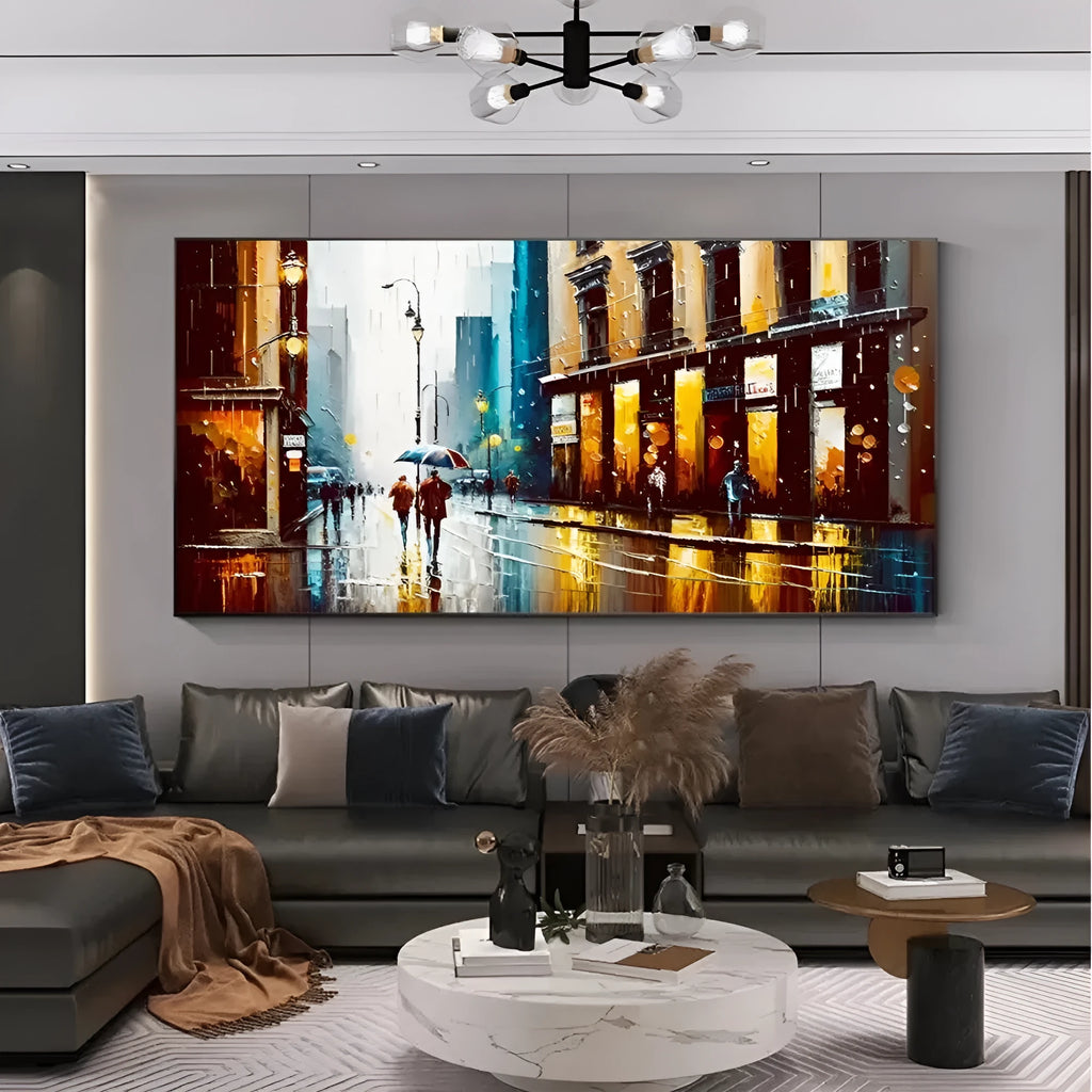 Handmade oil painting canvas wall art, modern abstract urban architectural street scene, horizontal rolled frameless unstretched painting