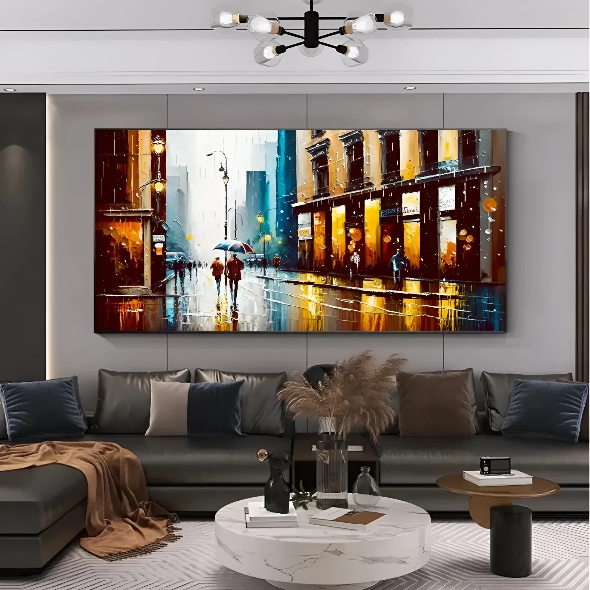 Handmade oil painting canvas wall art, modern abstract urban architectural street scene, horizontal rolled frameless unstretched painting