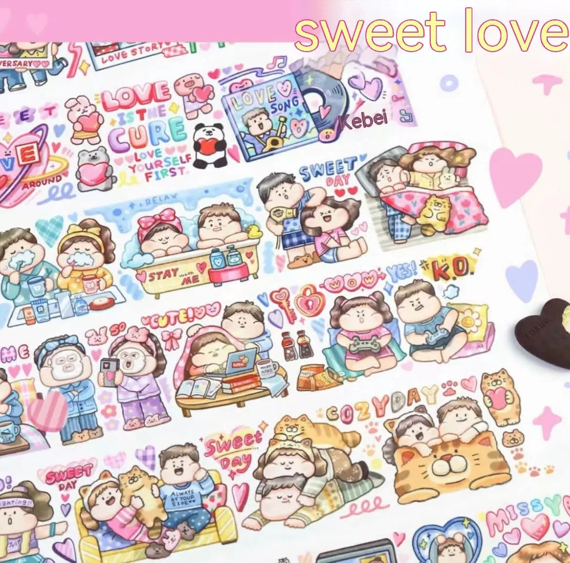 Sheet of cute cartoon character stickers for haemorrhoid tape packaging, printed on Japanese paper.