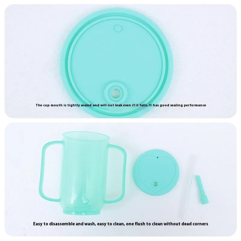 Oblique mouth choke-proof drinking cup with lid and handle, showing optional wrist splint attachment