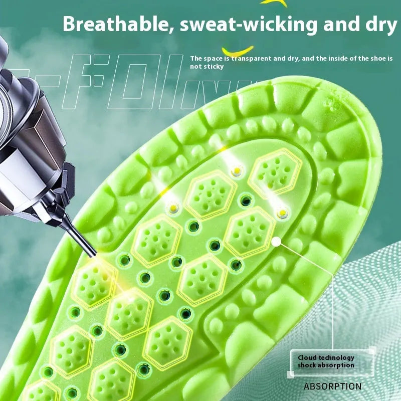 Green PU air cushion sports insoles with a thickened design for shock absorption and breathability.