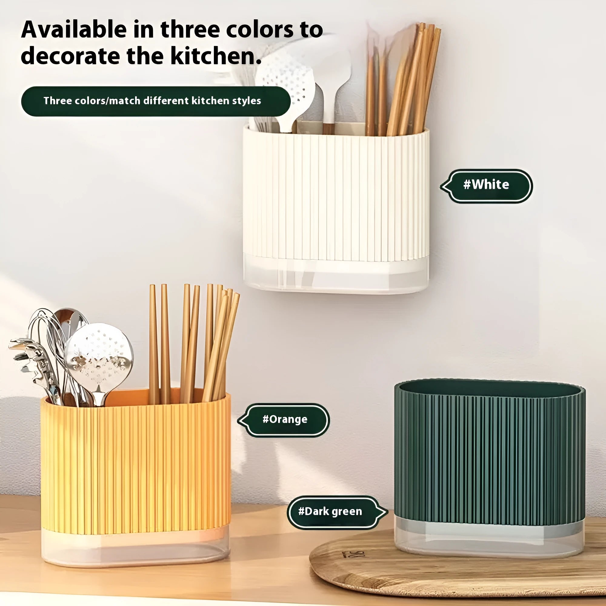 Beige plastic wall-mounted chopstick and spoon holder with cross-drainage tubes
